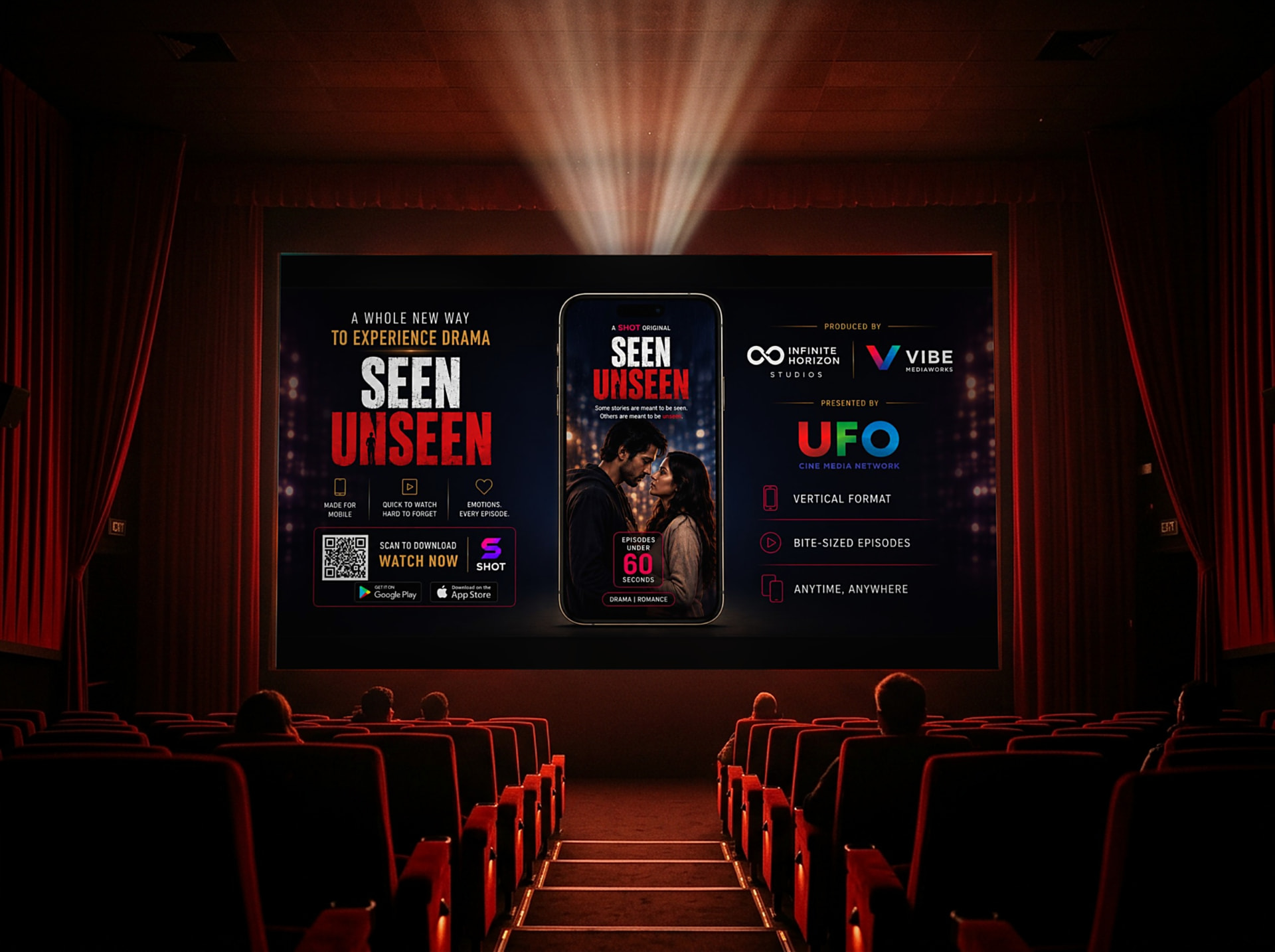 Seen Unseen micro-drama promotion on a UFO Cine Media Network cinema screen